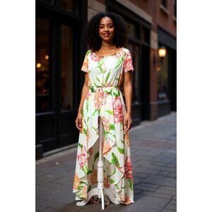 NEW Fabrik Floral High-Low Maxi Dress L Womens Bohemian Short Sleeves White Pink